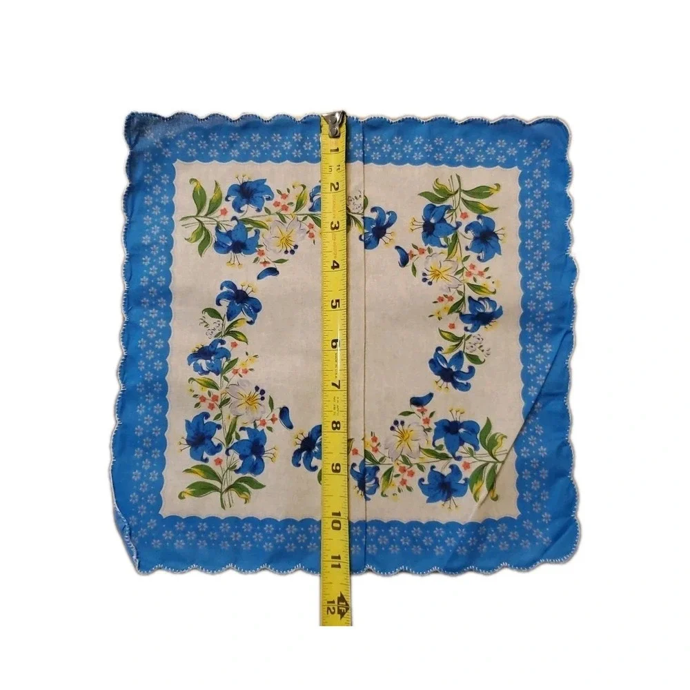Linen Blue‎ Lily Floral Handkerchief Scalloped Cottage Core Bridesmaid Granny
